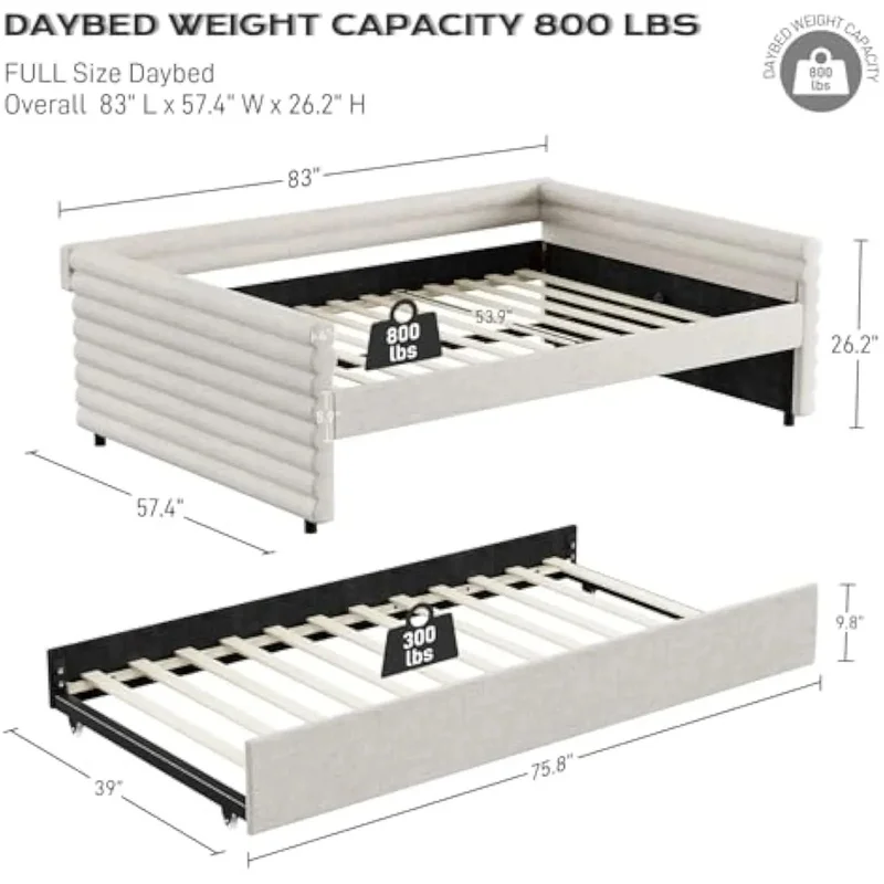 سرير نهاري منجد بالحجم الكامل مع دولاب ومسند ظهر، ودعم شريحة خشبية، ونسيج كتان، وحجم مزدوج #2