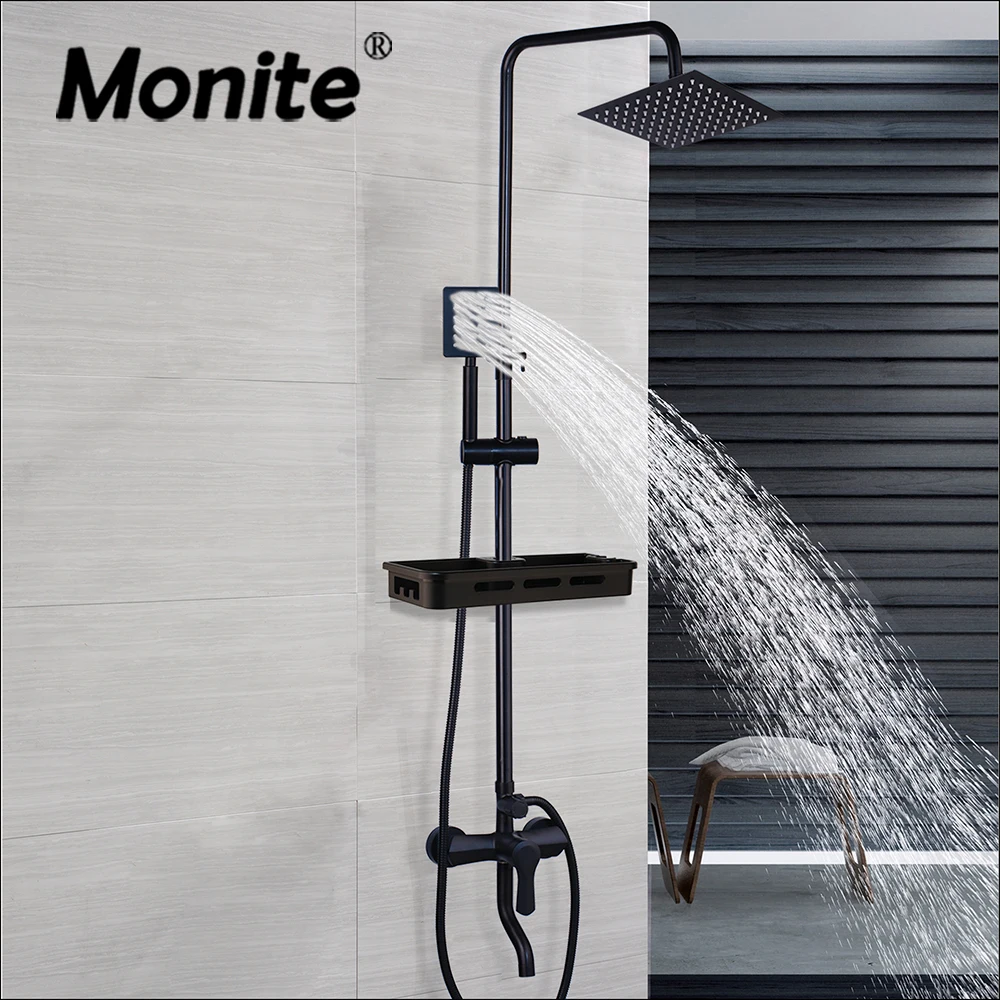 

Monite Matte Black Rainfall Shower Faucet Set Single Lever Bathtub Shower Mixer Faucet with Storage Shelf Shower Mixer Water Tap