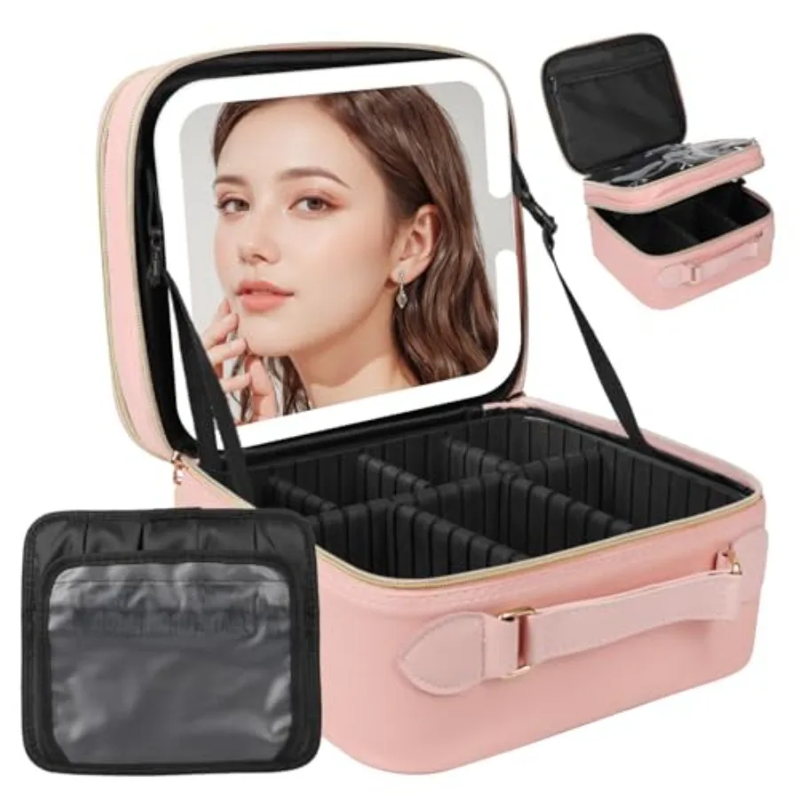 

Travel Makeup Bag with LED Mirror Double Layer Detachable Vanity Mirror with Lights Tri-light Dimmable Makeup Case with Adjusta