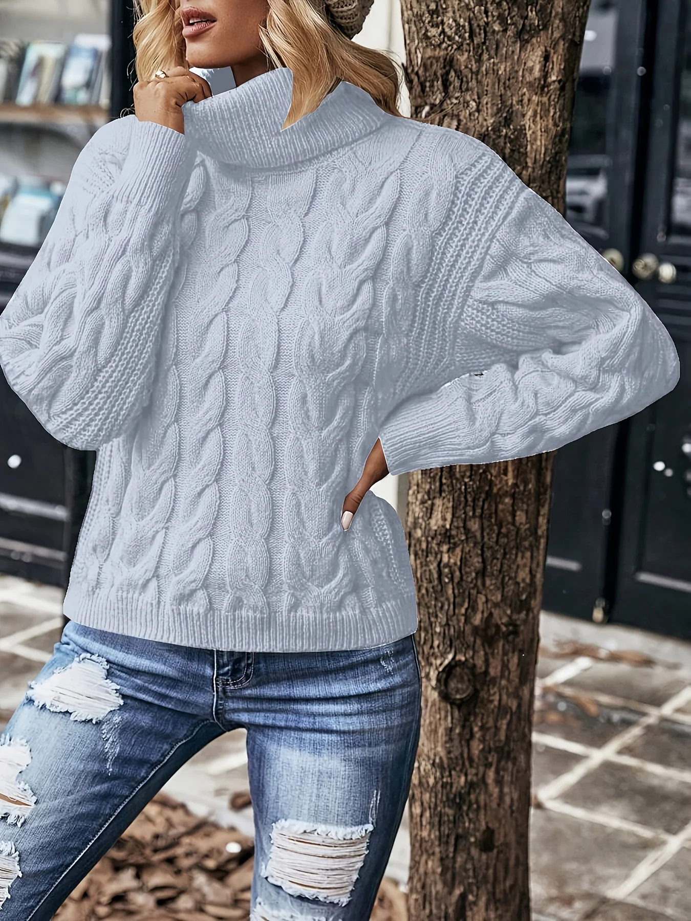 

High Neck Drop Shoulder Ribbed Knit Sweater