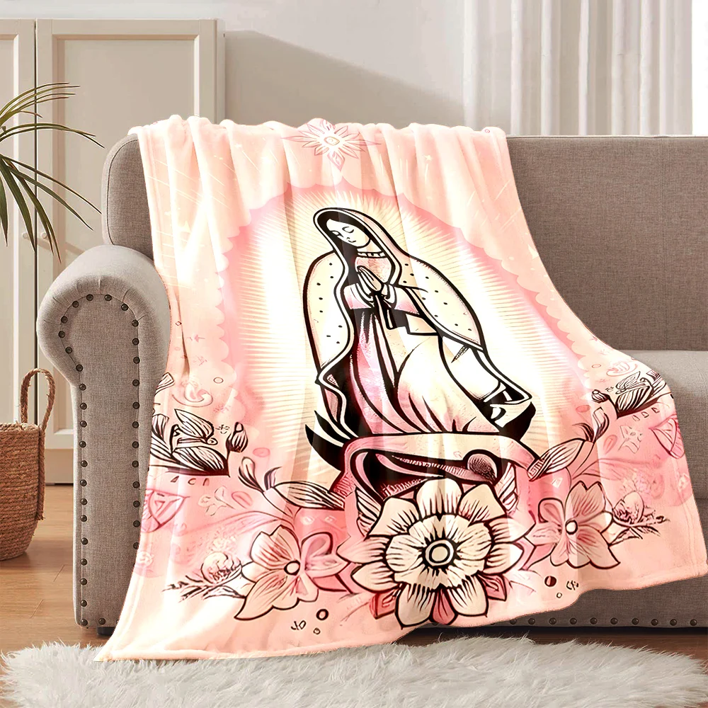 Guadalupe the Virgin Mary Flower Faith-printed Flannel Blanket Soft and Warm Suitable for Home Travel Picnics Camping and RV