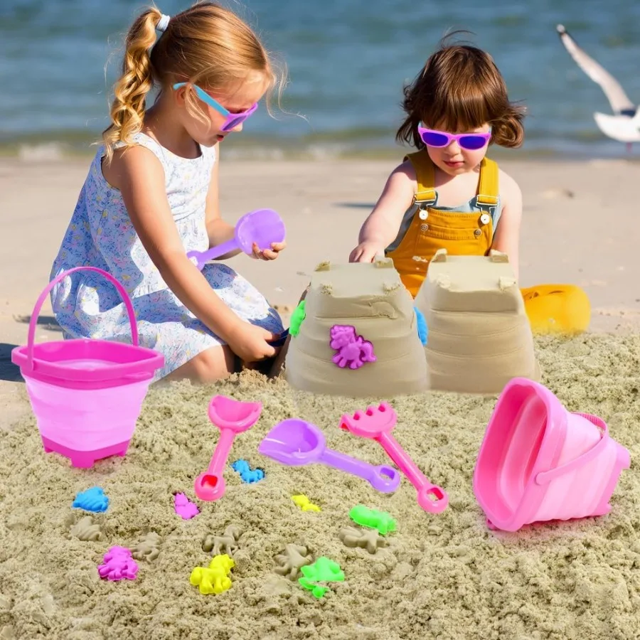 Moldes de arena para playa, juguetes para niñas de 24 años, cubo de arena plegable, juguetes, palas rosas, gafas de sol y malla para 35 años O