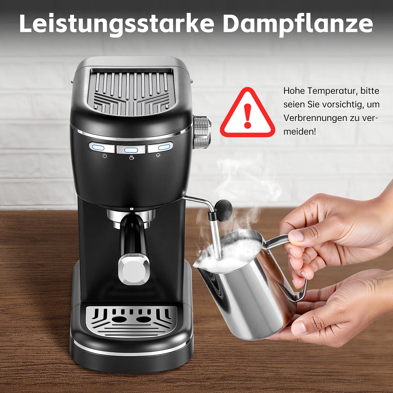Tanque extraíble de 15 bares y 1,2 L, máquina compacta para capuchino/latte, acero inoxidable, 1100 W, cafetera espresso negra