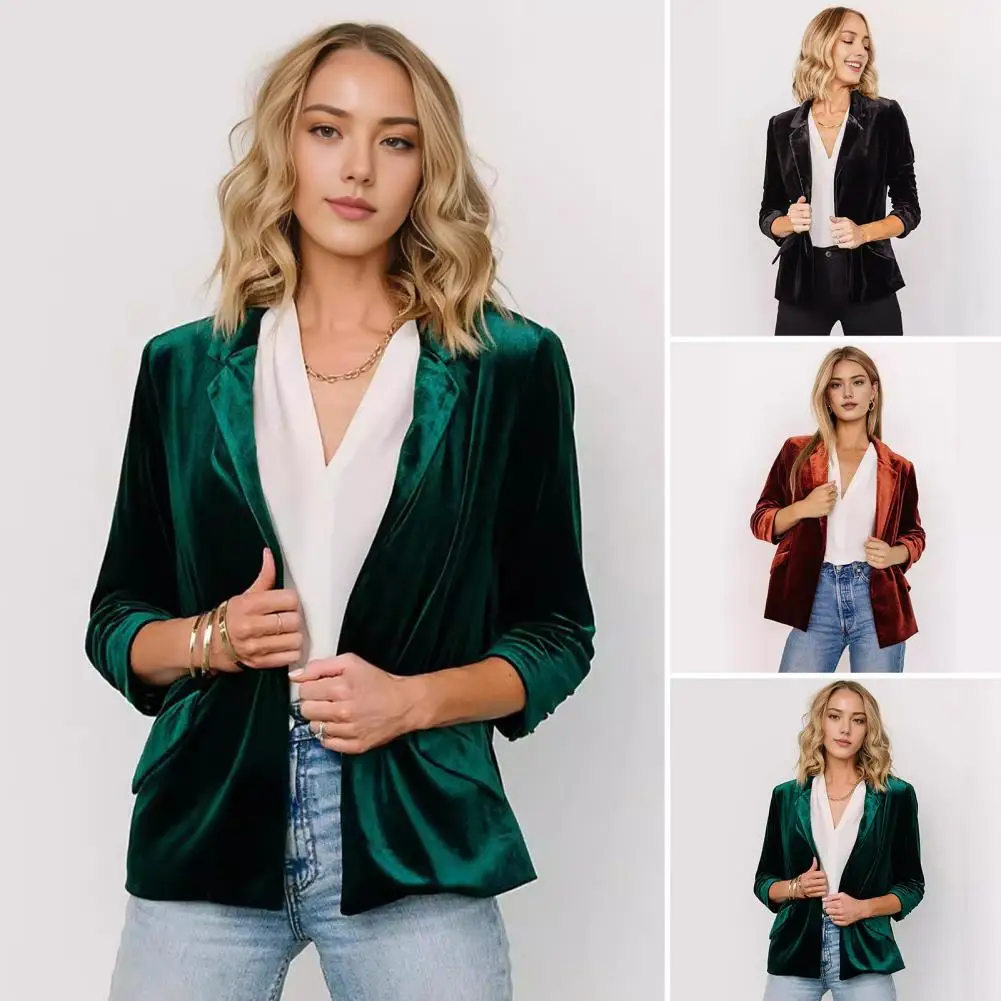 Women Coat Women Polyester Coat Women's Velvet Blazer Jacket Ruched 3/4 Sleeve Lapel Cardigan Office Business Coat for Ladies