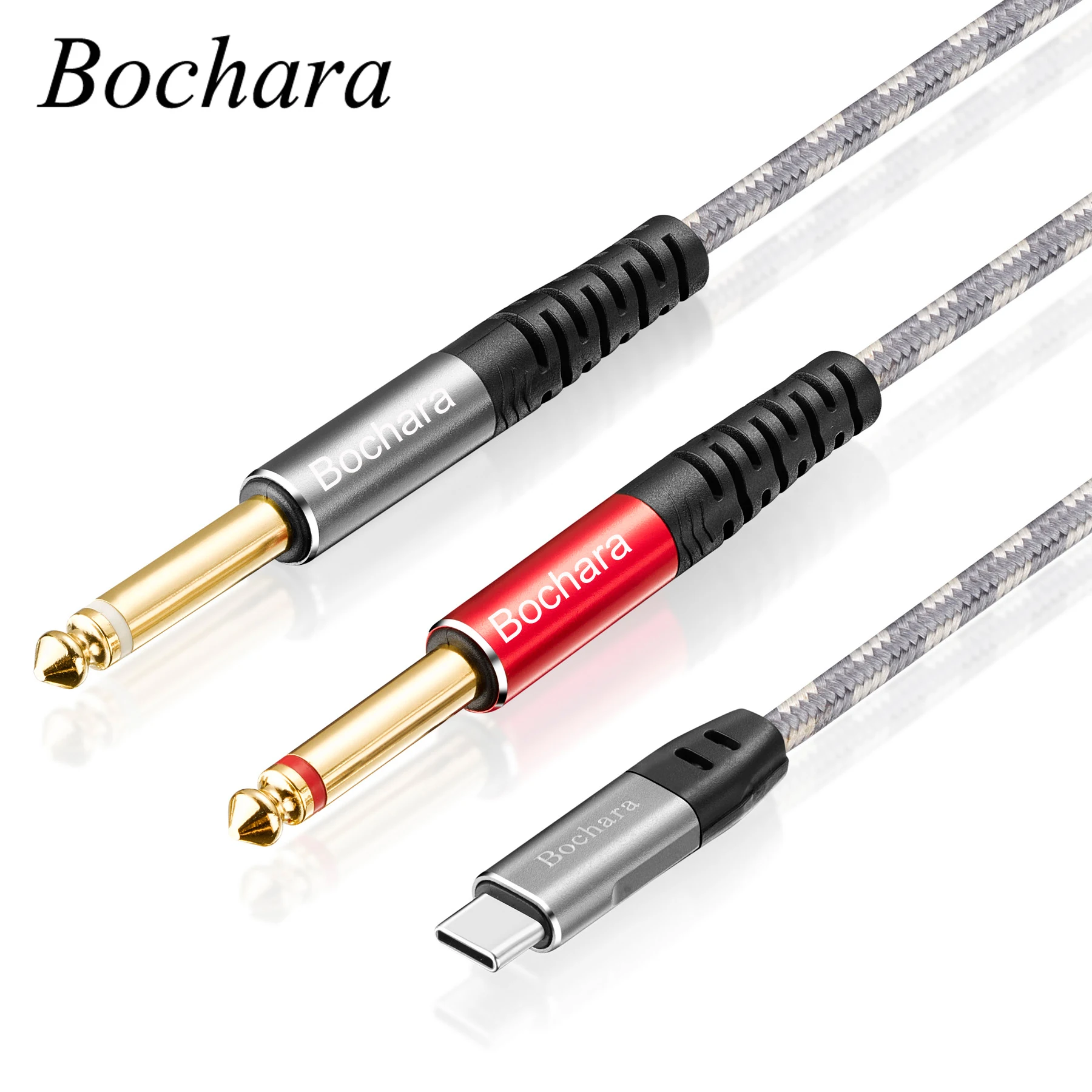 Bochara Braided Type C to Dual 6.35mm Jack OFC Audio Output Cable Built-in DAC IC Chipset 24bit@48KHz Foil+Braided Shielded