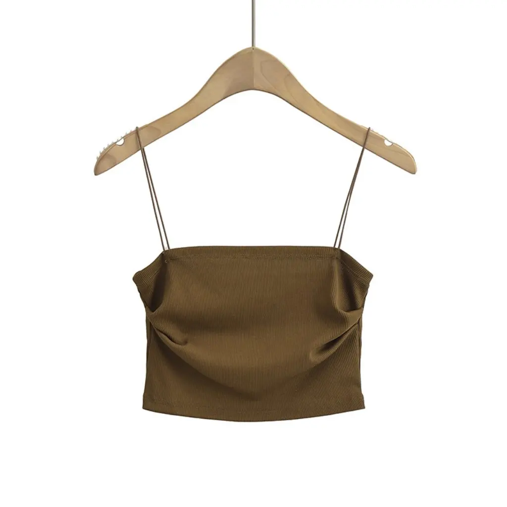 

Women's Sexy Side Pleated Camisole Summer Slim-Fit Short Top One-Neck Flat Spice Girl Style Small