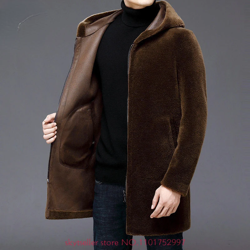 

2022 Men's Autumn Winter New Long Sheep Shearling Outwear Male Genuine Wool Warm Coats Men Double-sided Hooded Jackets N13