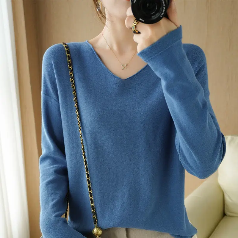 Stylish V-Neck Solid Color Knitted All-match Sweater Women Clothing 2022 Autumn New Oversized Casual Pullovers Loose Korean Tops