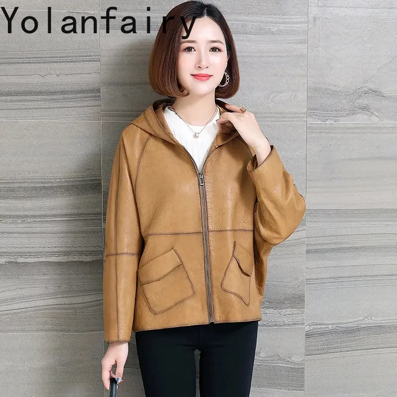 Genuine Sheepskin Leather Jacket Women 2024 Real Leather Coat Bat Sleeve Short Leather Jackets Hooded Loose Coats Chaquetas