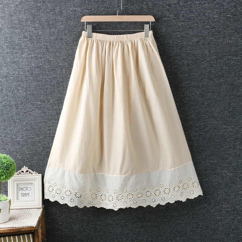 Sprign Summer Sweet Mori Girl Solid Color Hollow Out Hem Patchwork A-Line Skirt Women Elastic Waist Casual Loose Midi Skirts
