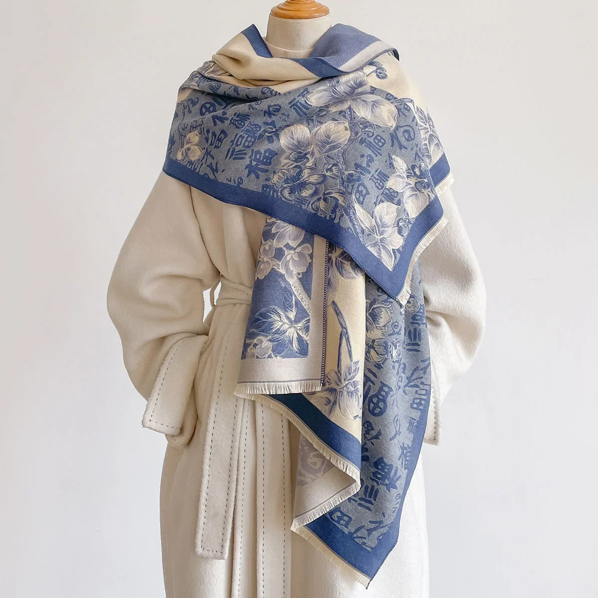 New Women Faux Cashmere Double Sided Scarf Vintage Daisy Floral Border Print Fringe Long Wrap Scarf Soft Neck Shawl Poncho Stole