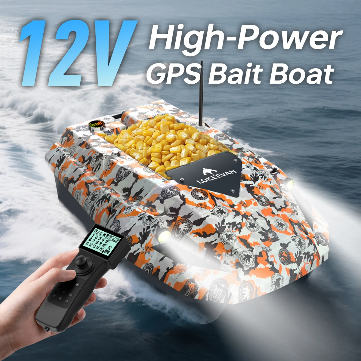 Bateau à appâts GPS LOKEEVAN D50E 15600*2 mAh 12V avec double positionnement GPS+Beidou, sonar de détection de la profondeur et de la température de l'eau, trois modes de vitesse, télécommande sans fil 2.4G, rotation à 360° °   Bateau de pêche à vitesse de navigation de 1,7 m/s avec joystick directionnel