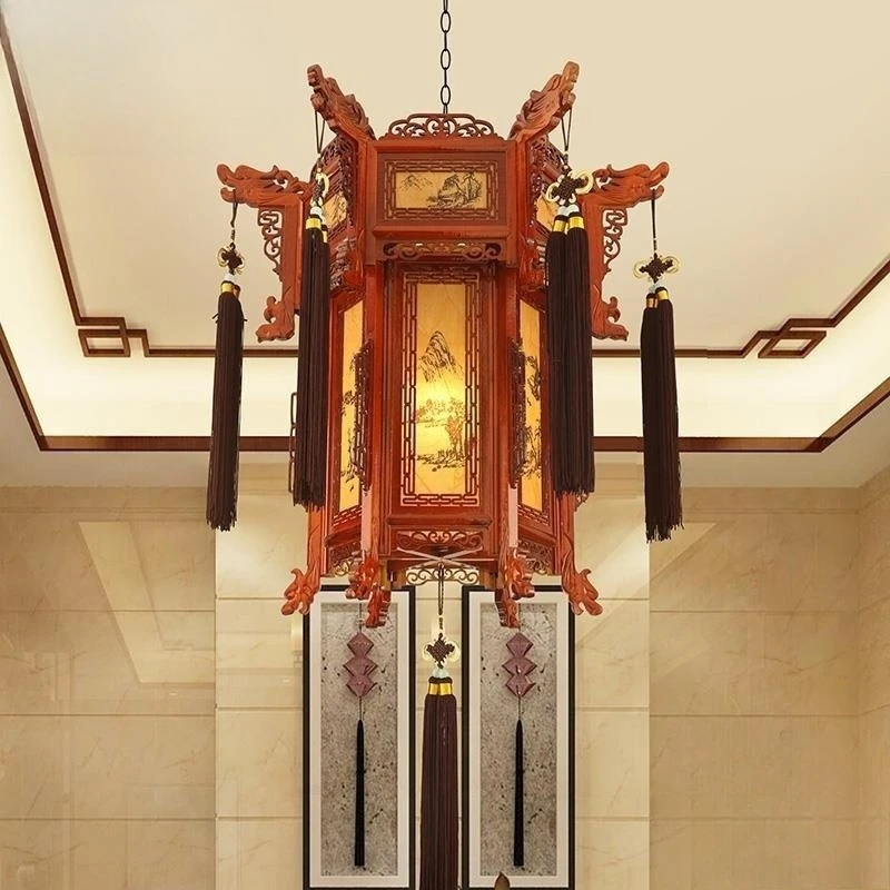 Solid wood hexagonal lanterns imitate ancient outdoor teahouses, and classical balcony hanging decorations