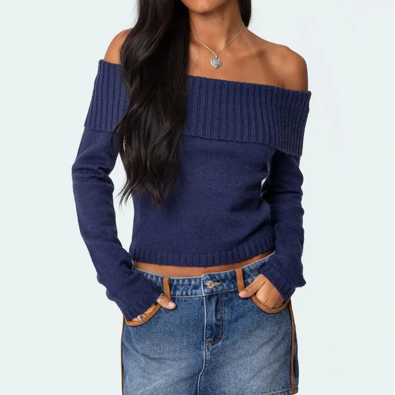 

Spring Autumn New Casual Women's Knitted Top Fashion Solid Color Sexy One-Lone Off-Shoulder Long Sleeve Slim Pullover Sweater