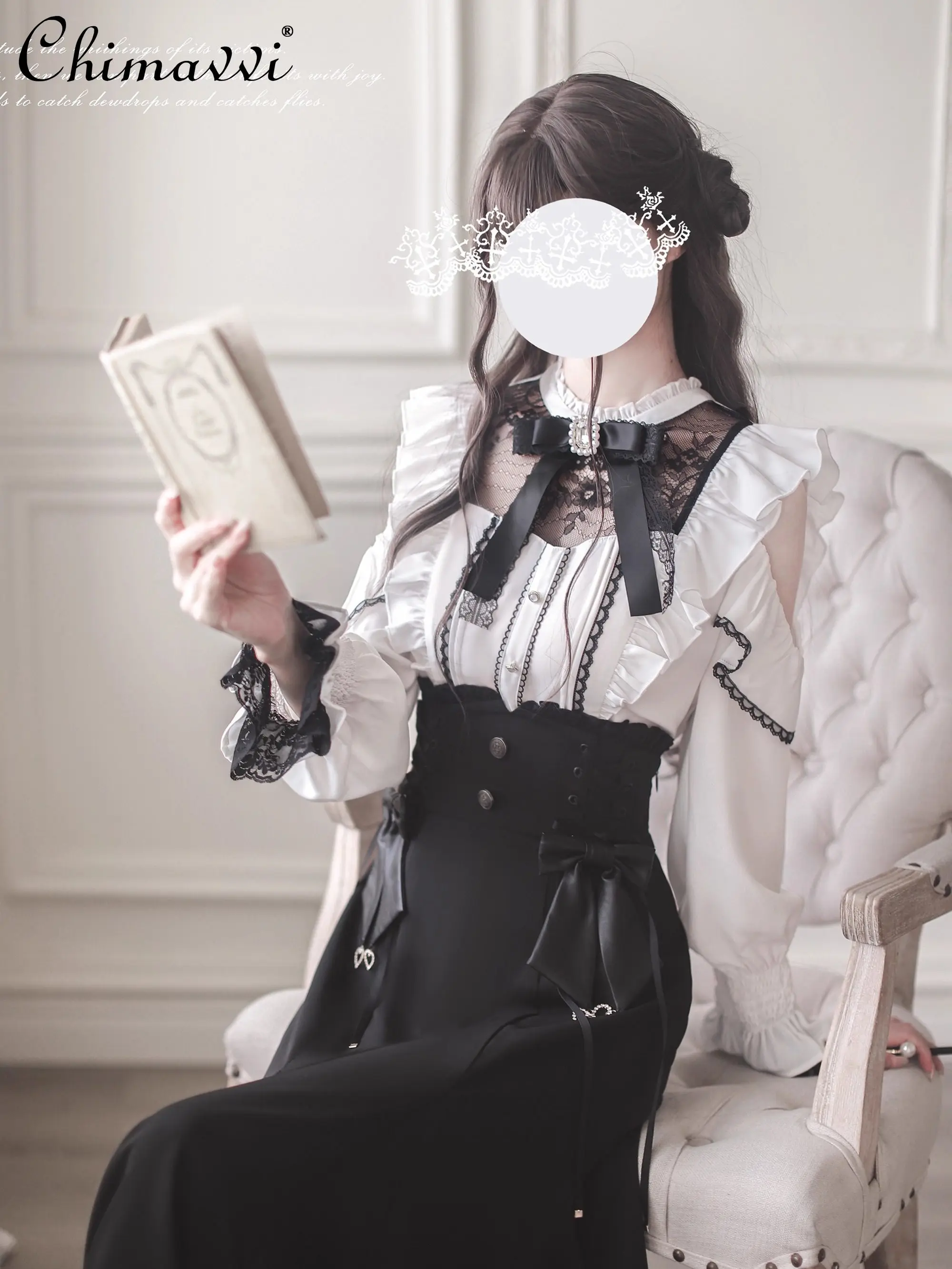 

Original Japanese Mass-Produced Cute Bow Long-Sleeve Shirt High-Waisted Mermaid Skirt 2Piece Set Elegant Princess Lolita Outfit