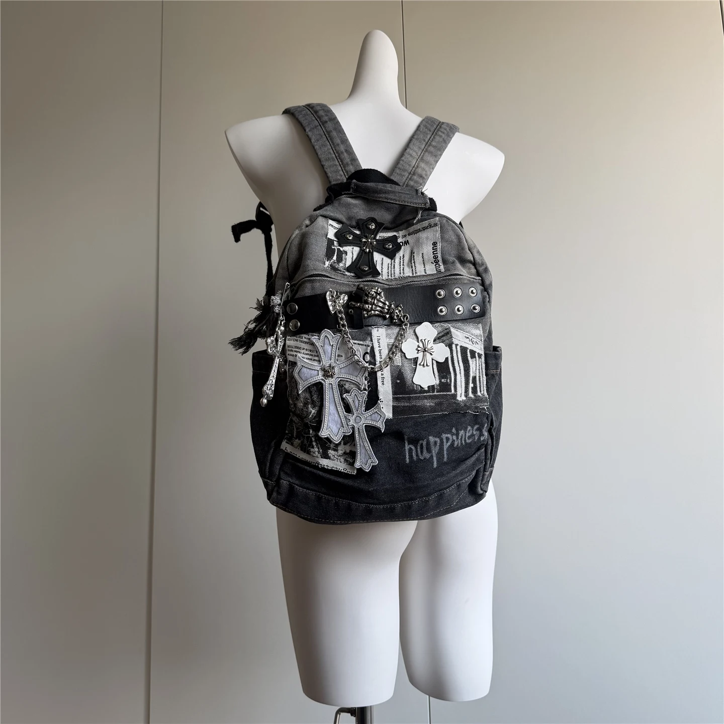 Punk Denim Y2K Millennium Subculture Student Backpack Gothic Dark Style Dual Shoulder Bag Leather Goods/Hot Female Male Bag