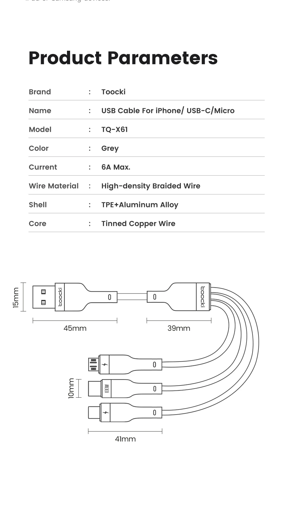 Toocki 3 in 1 USB Cable 6A 100W Micro USB Type C Charging Cable For iPhone 14 13 12 Huawei Honor Xiaomi 13 ViVo Oppo Data Cord