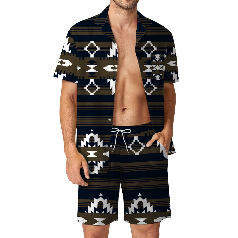 Luxurious and handsome men\'s Hawaiian beach set, short sleeved shirt and shorts, casual summer vacation travel set