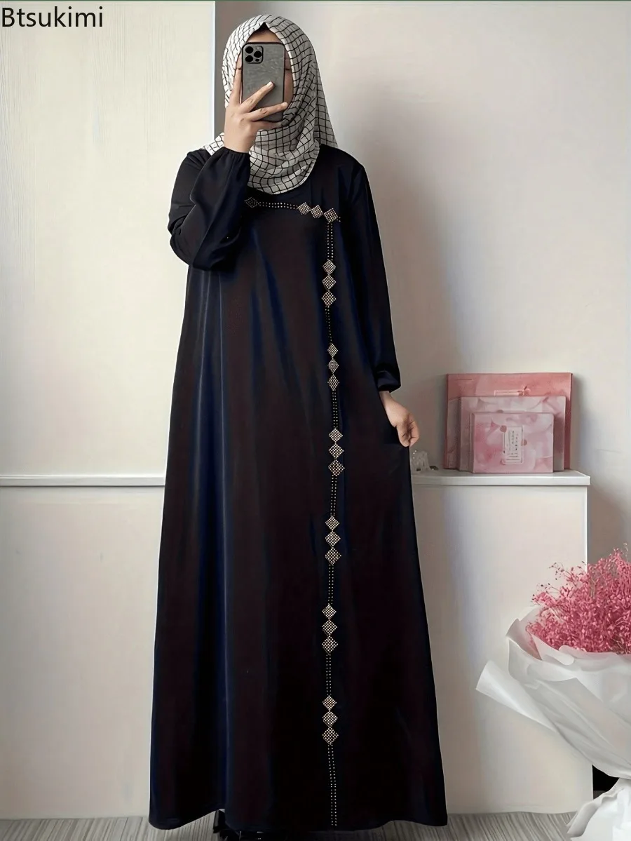 

Spring Autumn Women's Long Sleeve Maxi Dress Muslim Fashion Abayas Elegant Diamonds Loose Turkey Kaftan Vestidos Islamic Dresses