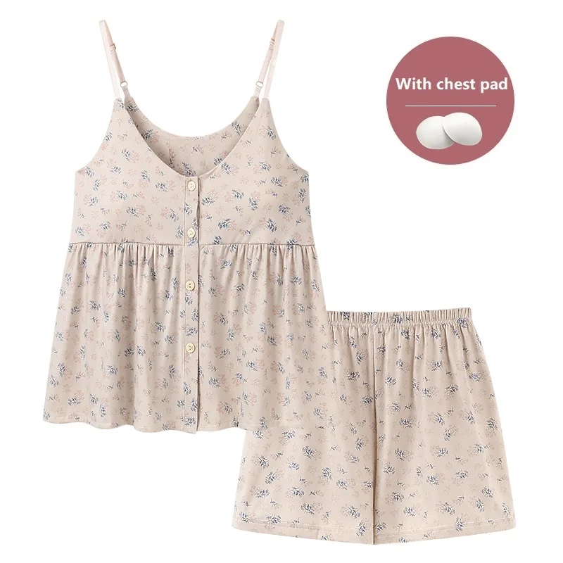 With Chest Pad Buttons Cardigan Sling Pajama Set Small Flowers Nightwear Women Sleepwear Pijamas Mujer Sleeveless Pyjamas Female