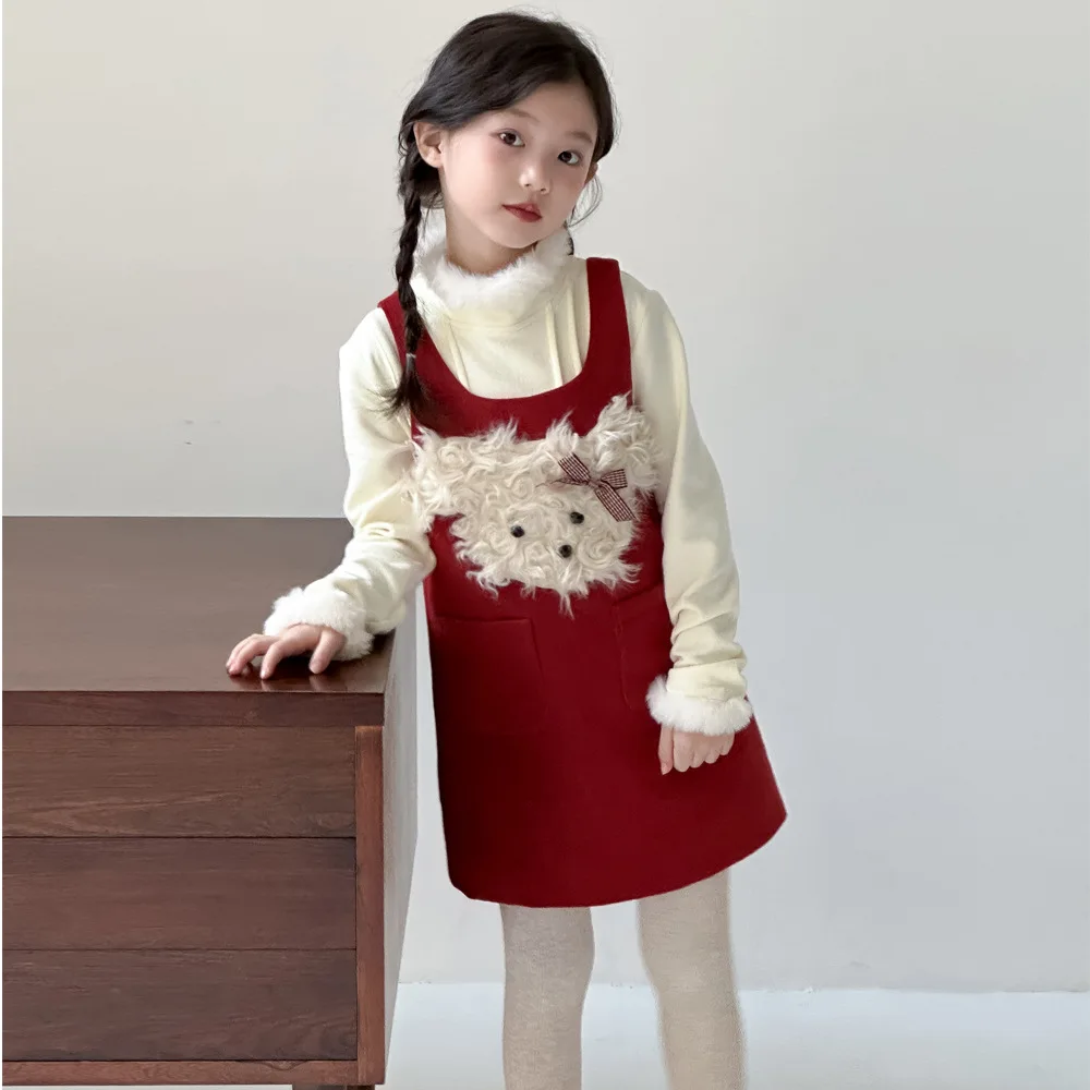 

2024 Autumn 1-10Y Girls 2PCS Clothes Set Cotton Faux Fur Collar Cuff Kids Girls Bottoming Shirt Fluffy Dog Little Girls Sundress