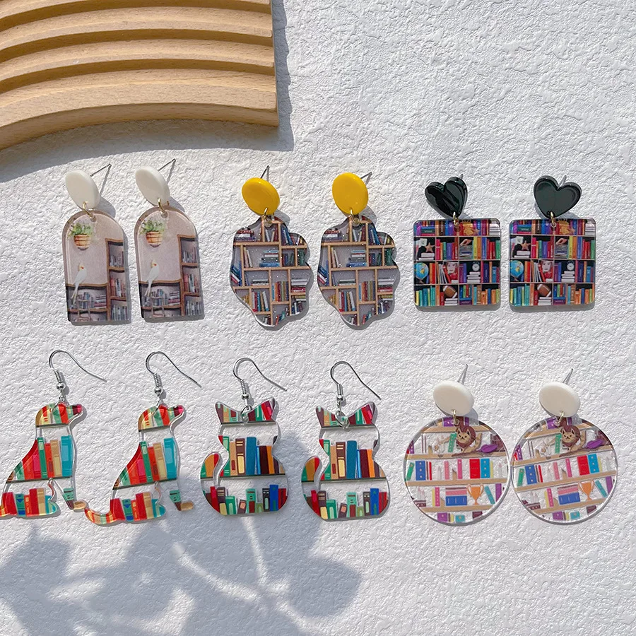 Bestseller Book Earrings Teachers' Day Graduation Season Creative Pussy Bookshelf Acrylic Sweet Earrings