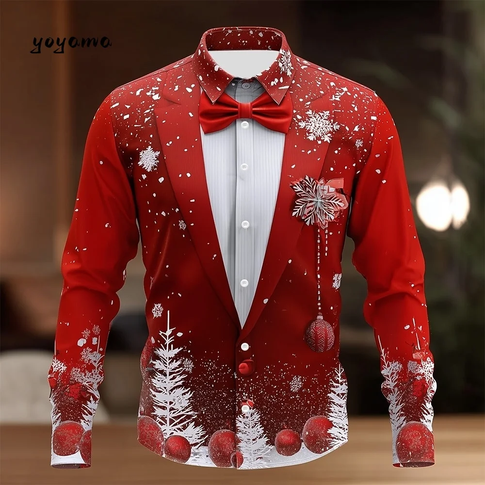 2025 Men's Christmas Snowflake Formal Shirt 3D Printed Tie Design Elegant Tuxedo Style Holiday Party Wedding Attire Spring Wear