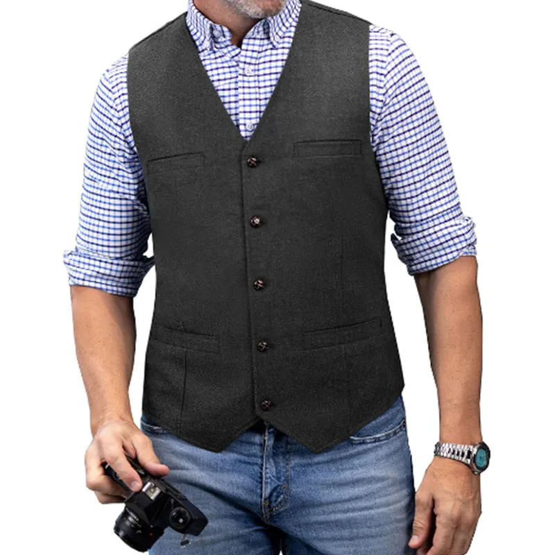 Men\'s Casual Classic Suit Vest V Neck Herringbone Tweed Slim Fit Business Waistcoat For Wedding