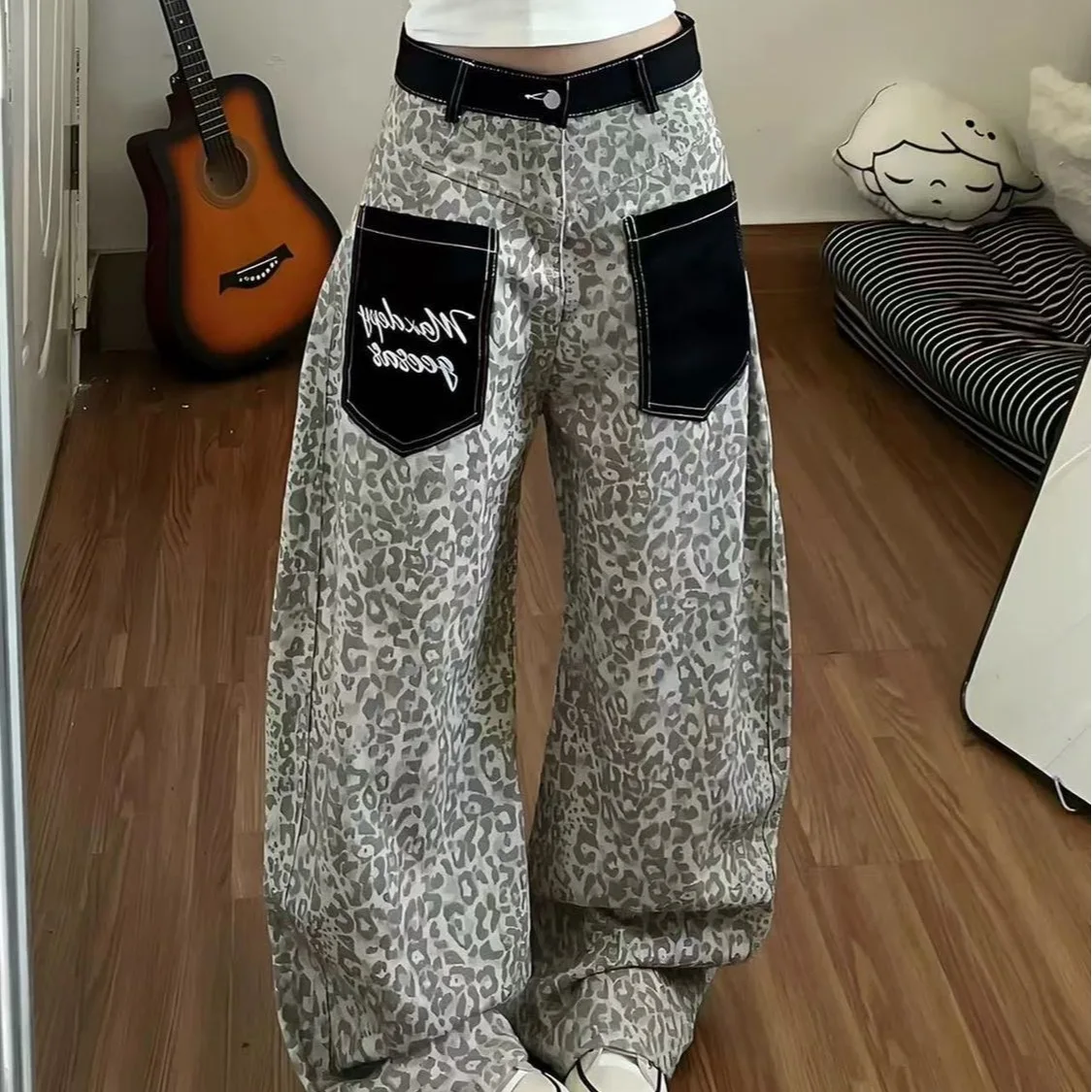 

Trendy Retro American Design Leopard Print Loose Women's Jeans Sexy Slimming Floor-Length Pants Straight Leg Workwear Style