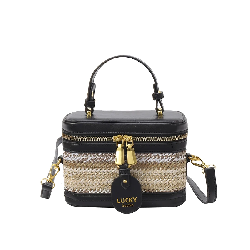 

Women Casual Straw Box Bag Large Capacity PU Leather Stylish Knit Shoulder Bag Versatile Handbag Travel Shopping Commute Bag