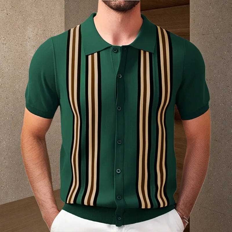 

Men Striped Polo Shirts Single Breasted Tees Cardigan Knitted Short Sleeve Shirt Business Loose Tops Summer 2025 Buttons
