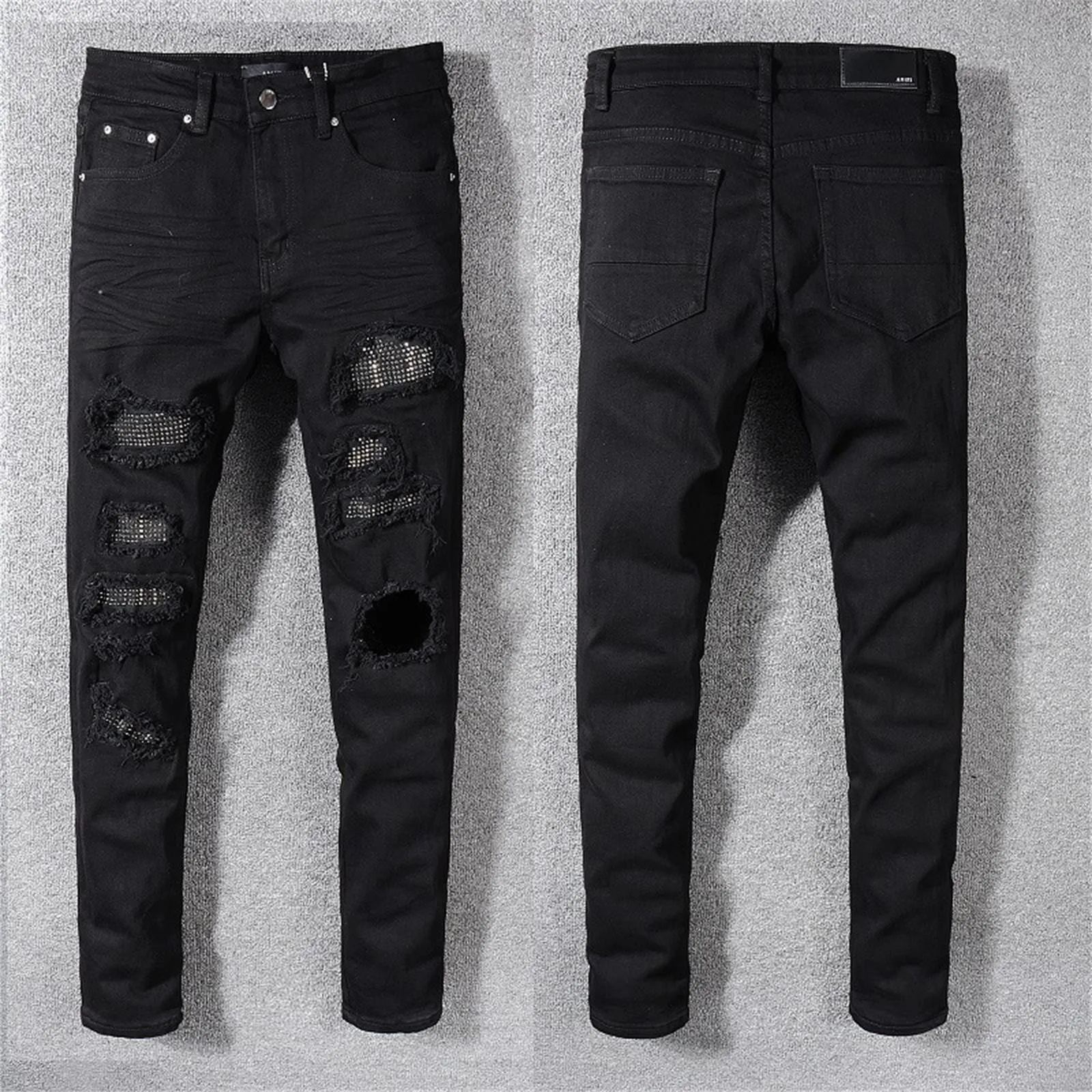 High Street Fashion Fashionable Black Ripped Jeans Men's Hot Stamping Elastic Slim Fit Small Leg Pants Trendy Outdoor Apparel