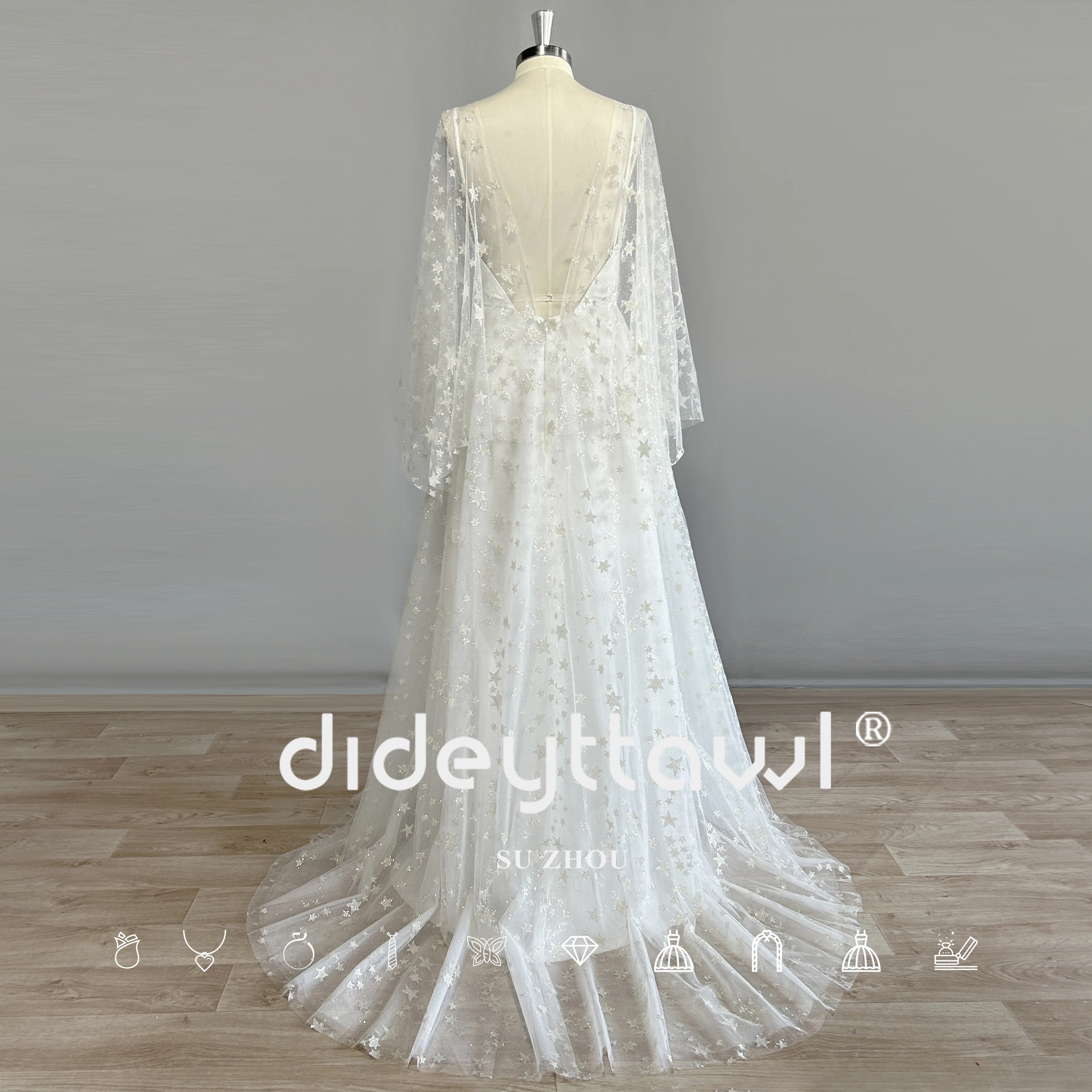 DIDEYTTAWL Real Picture A Line Full Sleeves Shiny Star Boho Wedding Dress Tulle Backless Sweep Train Sparkly Bridal Gown