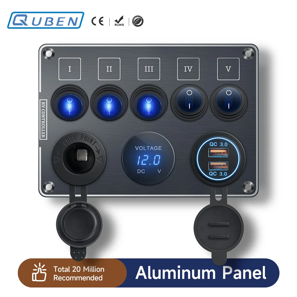 

QUBEN Dual USB QC3.0 Socket Charger /LED Voltmeter /Toggle Switch Multi-Functions Panel for RV Yacht Car Boat Truck Vehicles Van