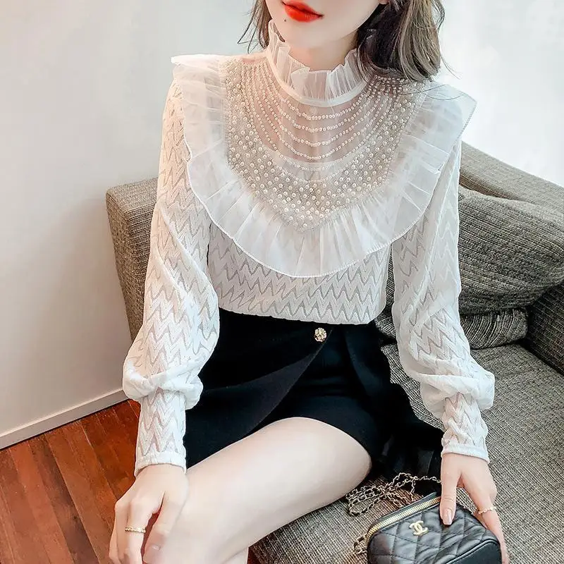 Autumn 2024 Women\'s New Splicing Stand Collar Embroidered Flares Lace Fashion Solid Color Minimalist Casual Long Sleeve Blouses