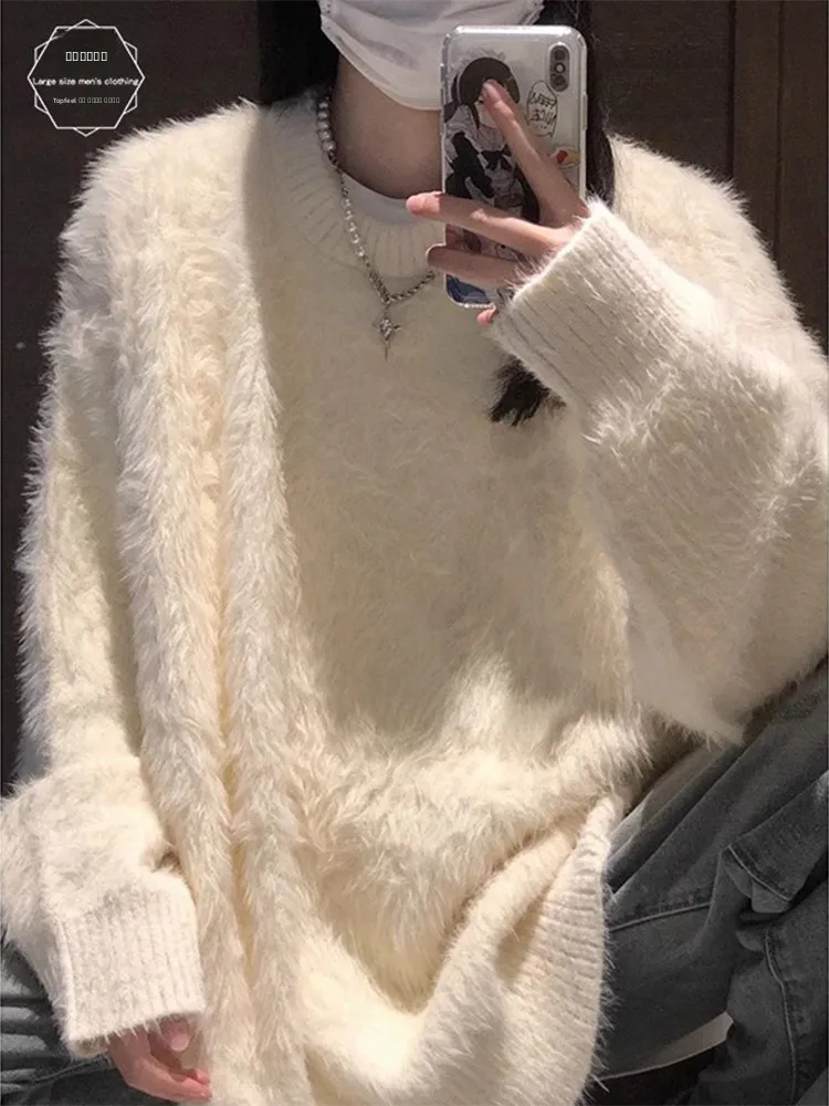 

Мягкий утепленный мужской вязаный свитер в стиле оверсайз, зимний повседневный свободный свитер для пар, модная верхняя одежда с круглым вырезом и длинными рукавами