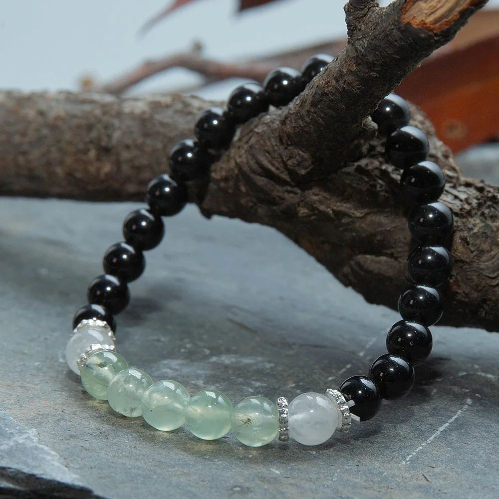 Prehnite White Jade Black Glass Stretch Bracelet Handmade Beaded Bangle Casual Women Jewelry