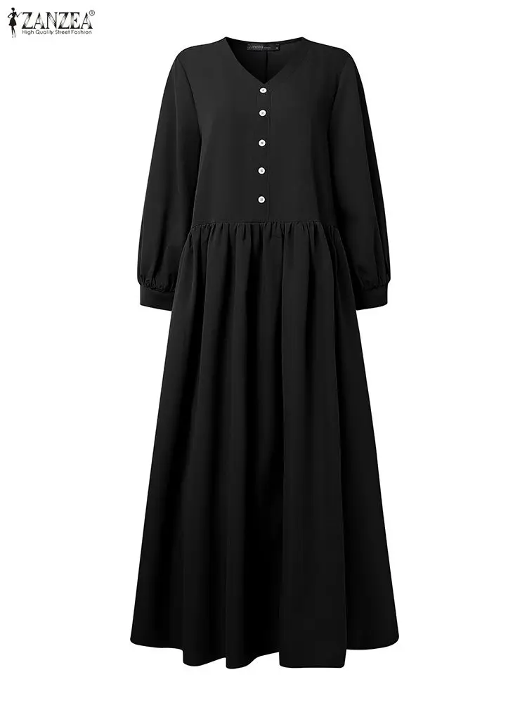 2025ZANZEA Stijlvolle Herfst V-hals Lange Lantaarn Mouw Jurk Vrouwen Maxi Jurken Elegante Effen Lange Gewaad Casual Losse Zonnejurk
