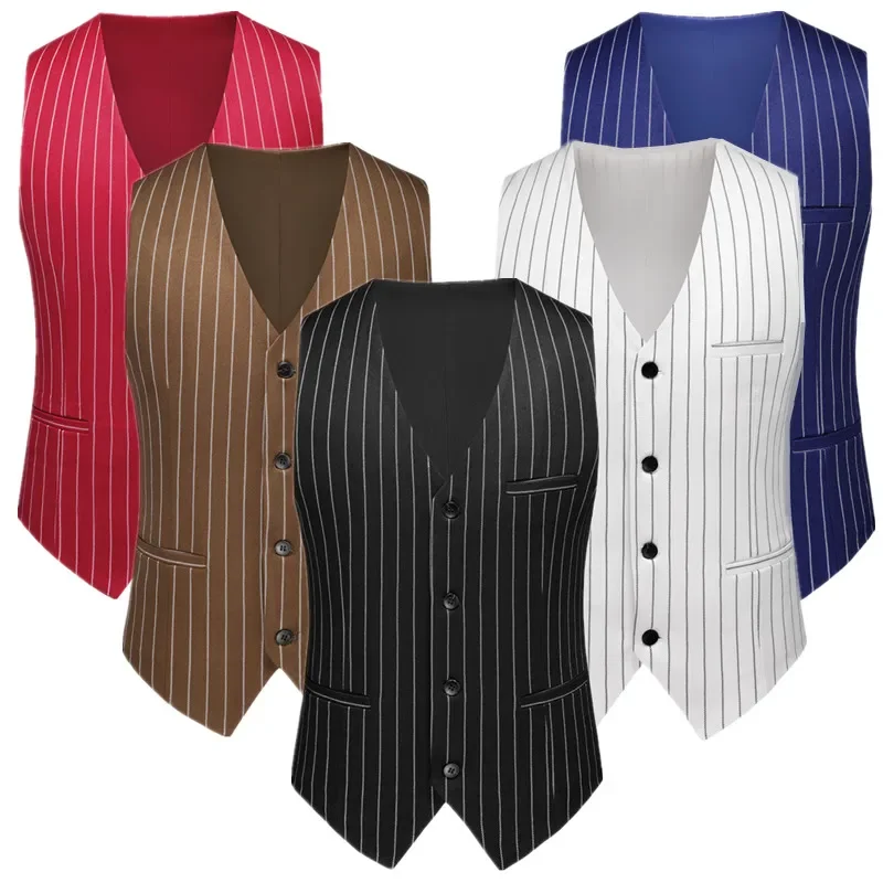 New Men Business Formal Striped Suit Vest Black / Red / White / Blue , Mens Wedding Party Dress Waistcoat