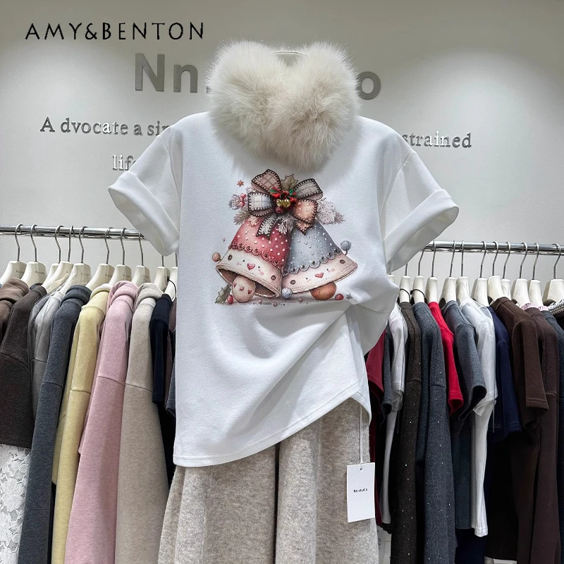 

Spring New Year Christmas Style Thickened Brushed Short Sleeve T-shirt Ladies Heavy Industry Loose Mid-Length Pullover Tshirts