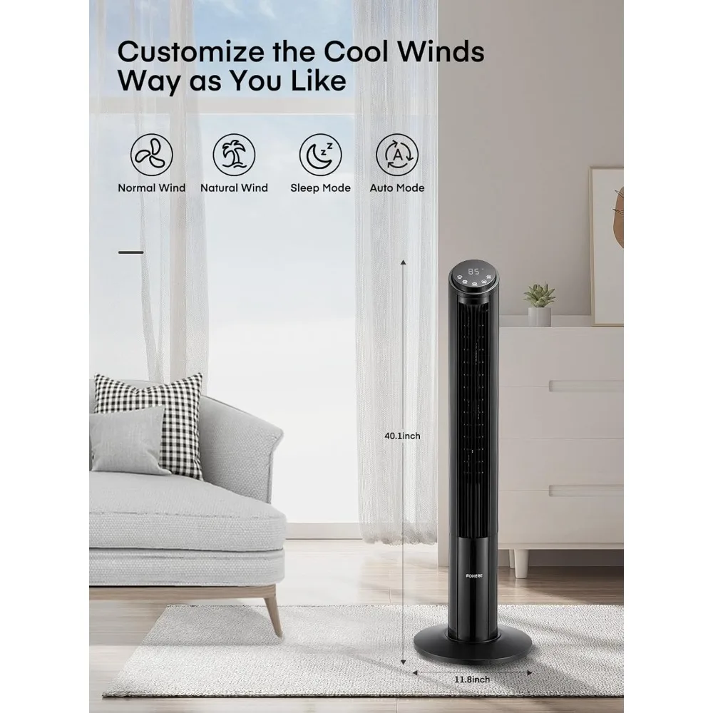 40'' Tower Fan for Bedroom, Quiet Bladeless Oscillating Fan with Remote Control, 12 Speeds, 4 Modes,12H Timer, LED Display
