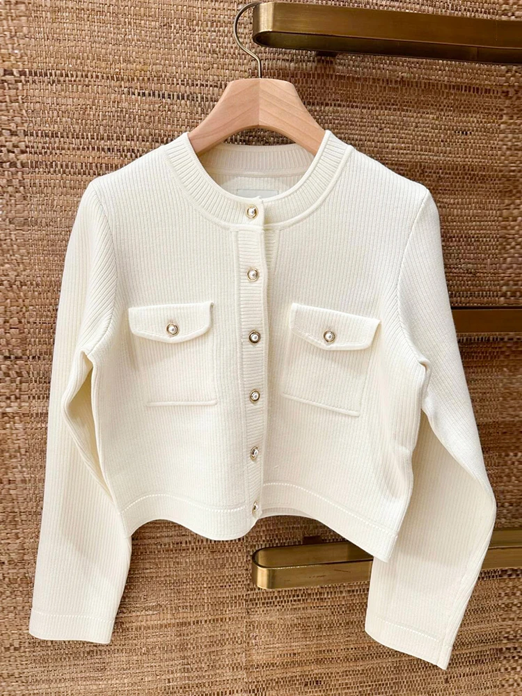 

Белый вязаный кардиган и юбка: комплект класса люкс для женщин, осенне-зимняя новинка, из полиэфирного волокна, с длинными рукавами