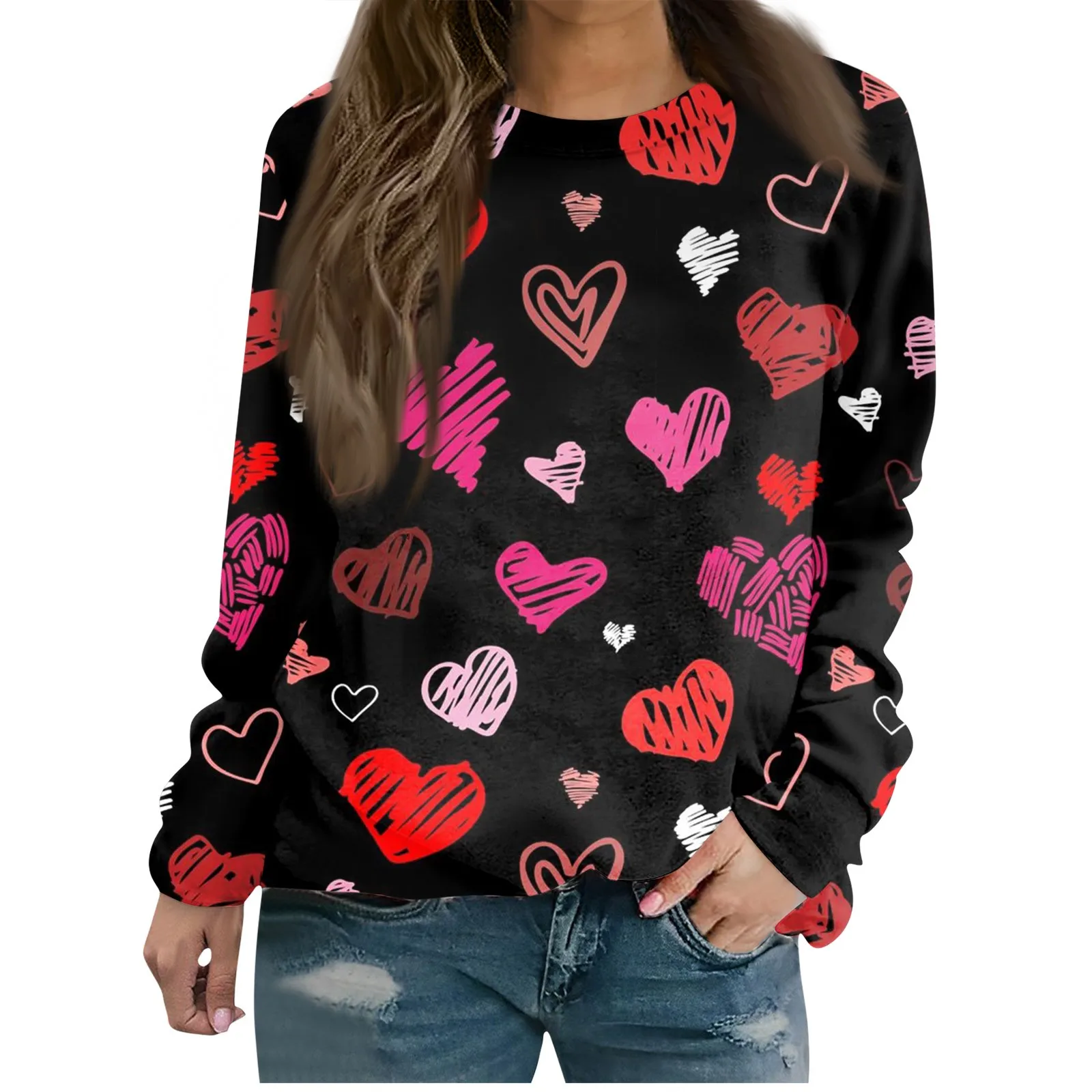 Women'S Round Neck Tops Fashion Casual Long Sleeved Tops Valentine'S Day Love Printed Pullovers Solid Color Regular Tees Ropa