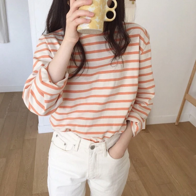 Striped T-Shirt Korean Style Women\'s Long Sleeved Loose Inner Laydown Bottom Shirt Convenient Versatile Top