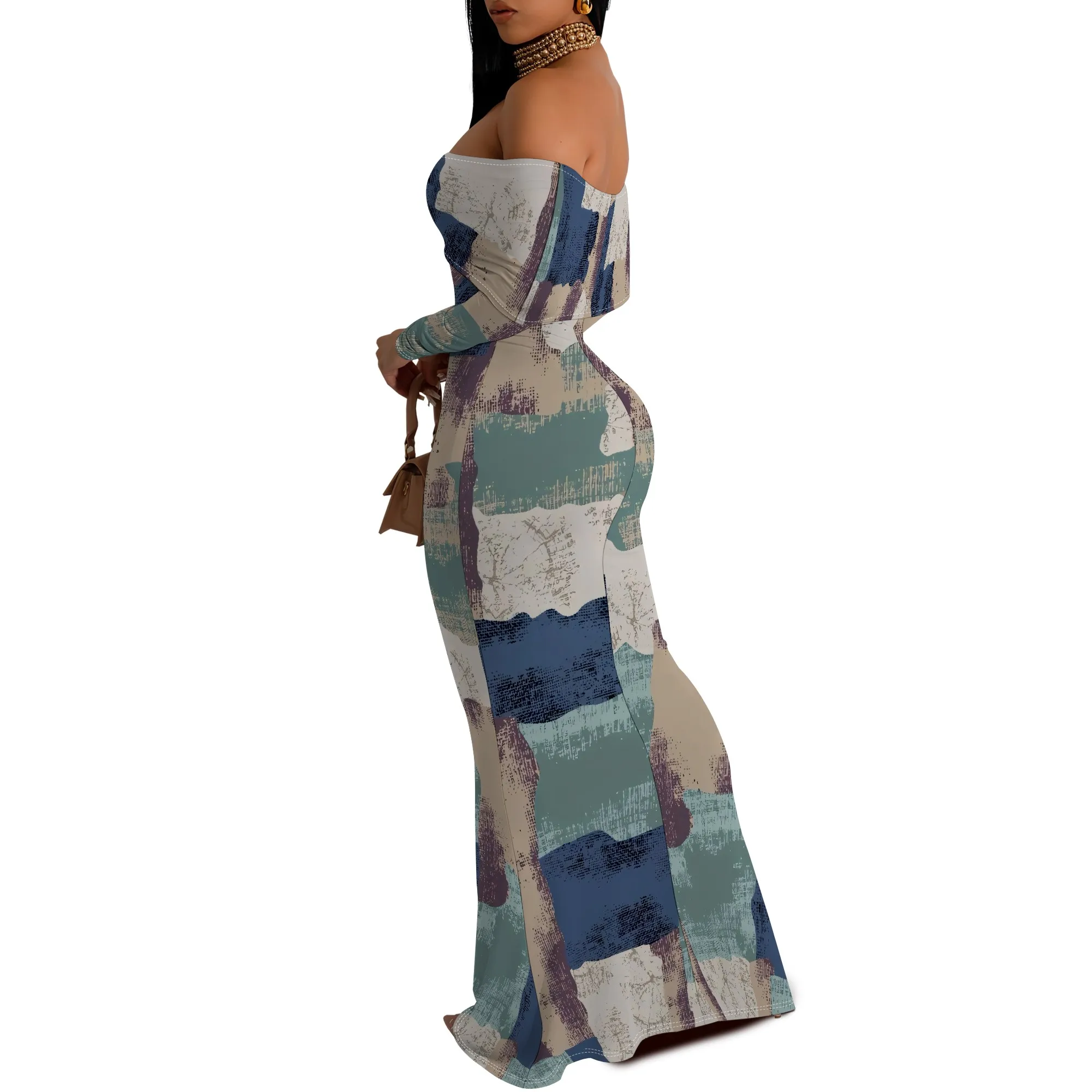 Off Shoulder Geometric Brush Print Long Sleeve Bodycon Maxi Dress for Women Art Chic Wear