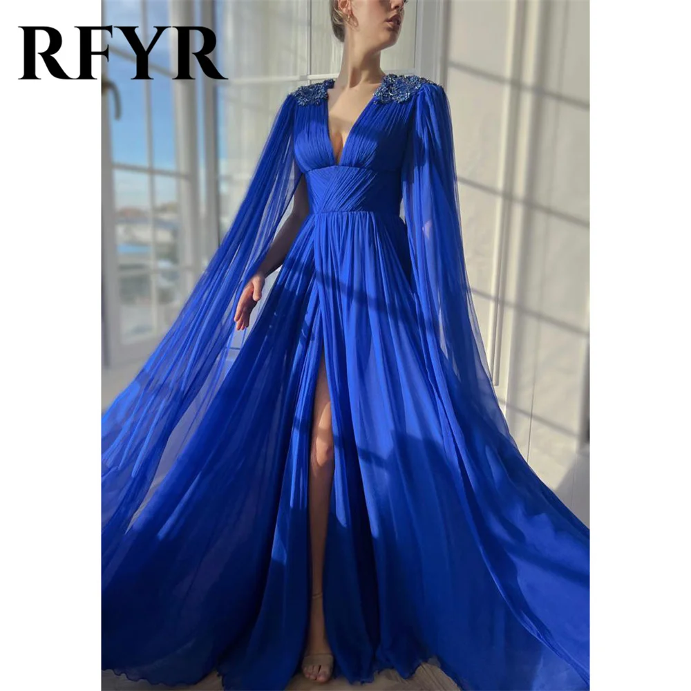 

RFYR Royal Blue Chiffion Evening Dresses Beach Charming Prom Dress V Neck Appliques Party Dresses vestidos de noche Customized