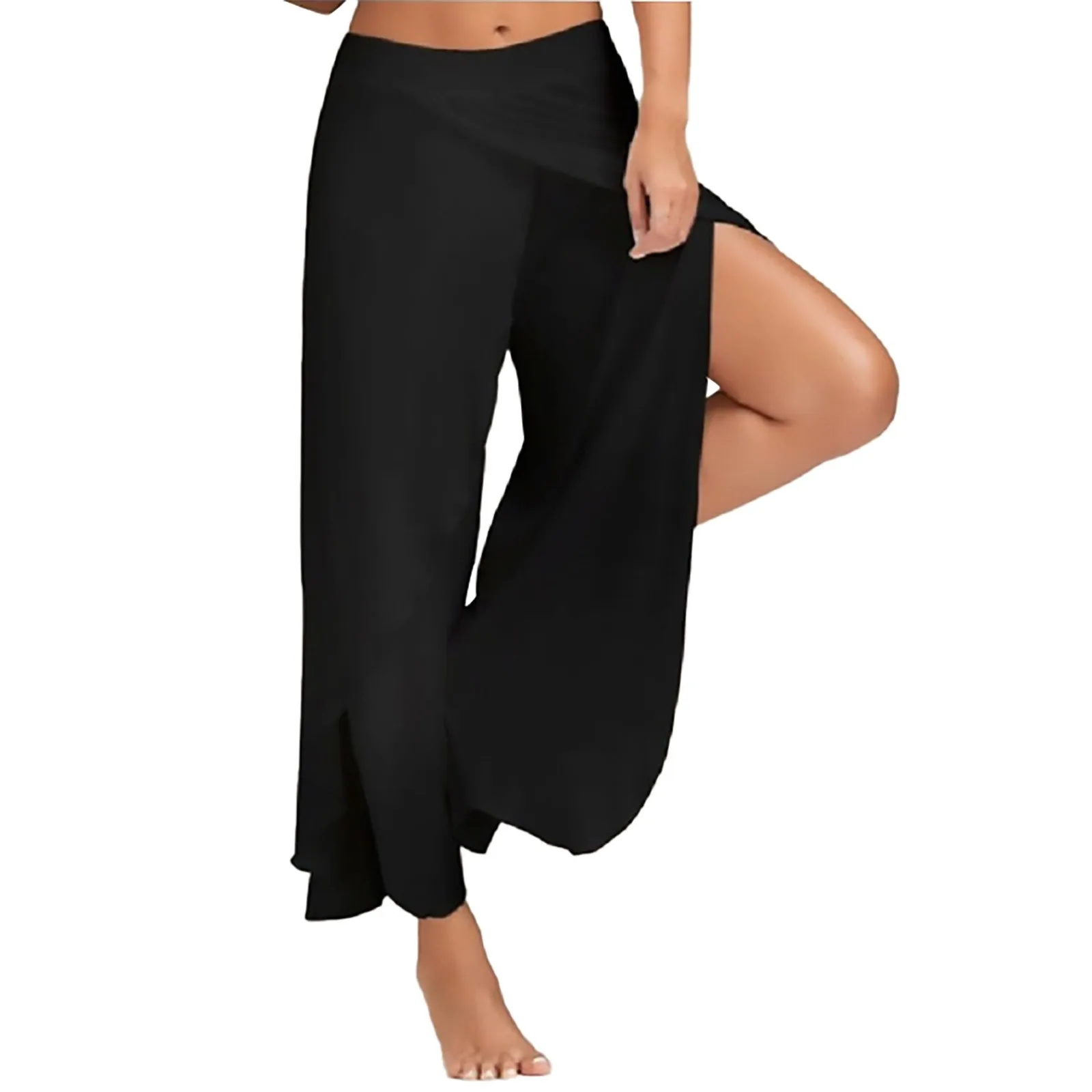 Women Wide Leg Pants Yoga Split Trousers Female Elastic Wasit Casual Loose Fitness Open Leg Pants Solid Color Harem Pants Femme