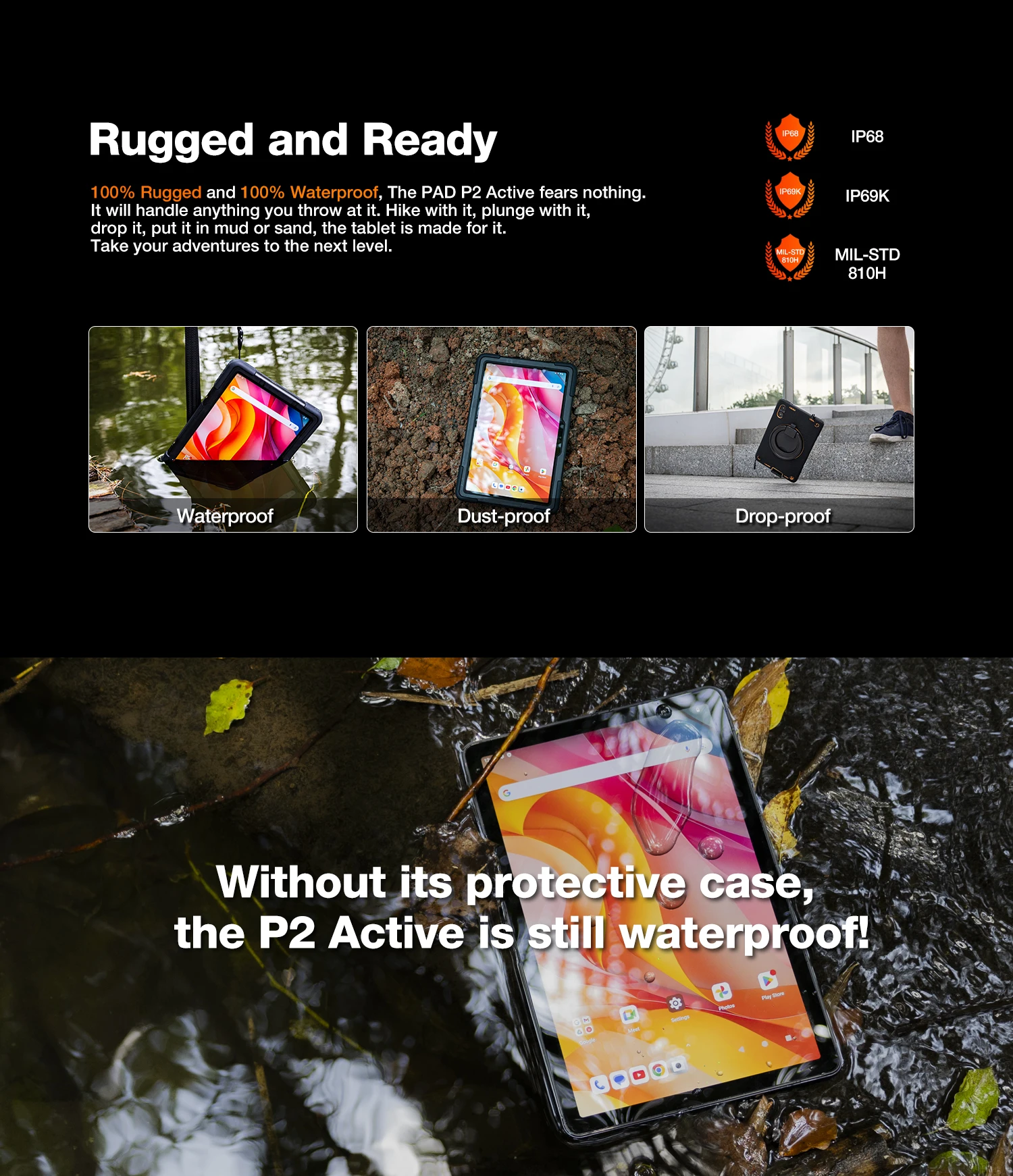 AGM P2 Active 11" FHD Rugged Tablet IP68 Waterproof/Dustproof 8GB RAM+256GB Android 14, G99, Widevine L1 P2W Durable Pad