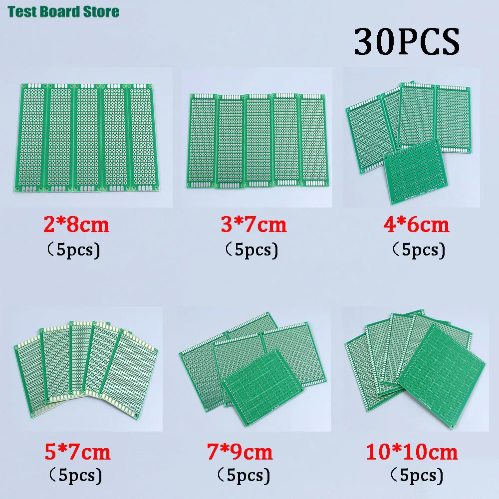 30Pcs/lot PCB Board Prototype Board Green 2x8/3x7/4x6/5x7/7x9/10x10cm Double Sided Circuit Boards For DIY Soldering Project