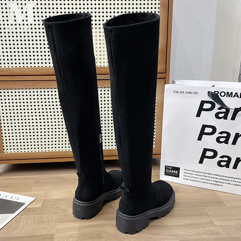 Bottes hautes épaisses au-dessus du genou pour femmes, chaussures à plateforme, bottes de créateur confortables, chaussures modernes, optique d'hiver, nouvelle tendance, 2025